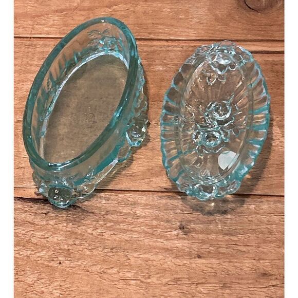 Fenton Glass Trinket Dresser Lidded Box Aqua Blue Iridescent Cabbage Rose - Picture 2 of 5